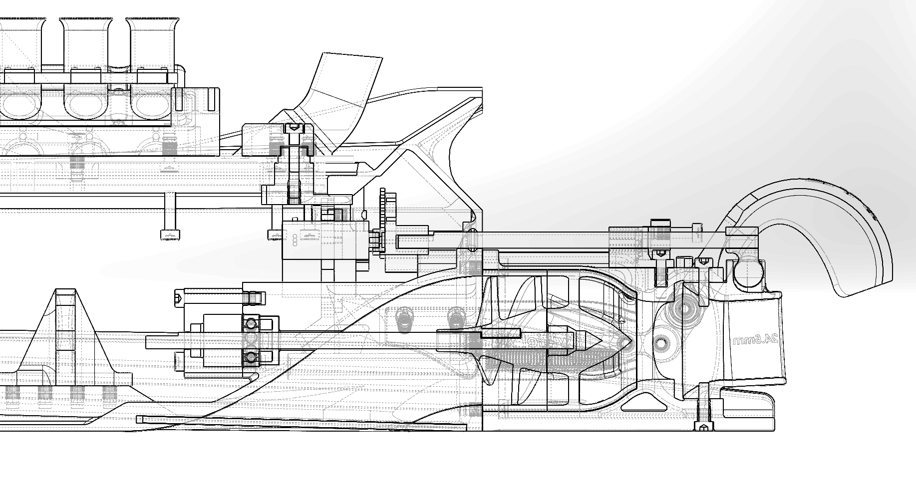 Section through the KwikJet X jetpump: intake tunnel, impeller, stator, steering nozzle and reversing bucket