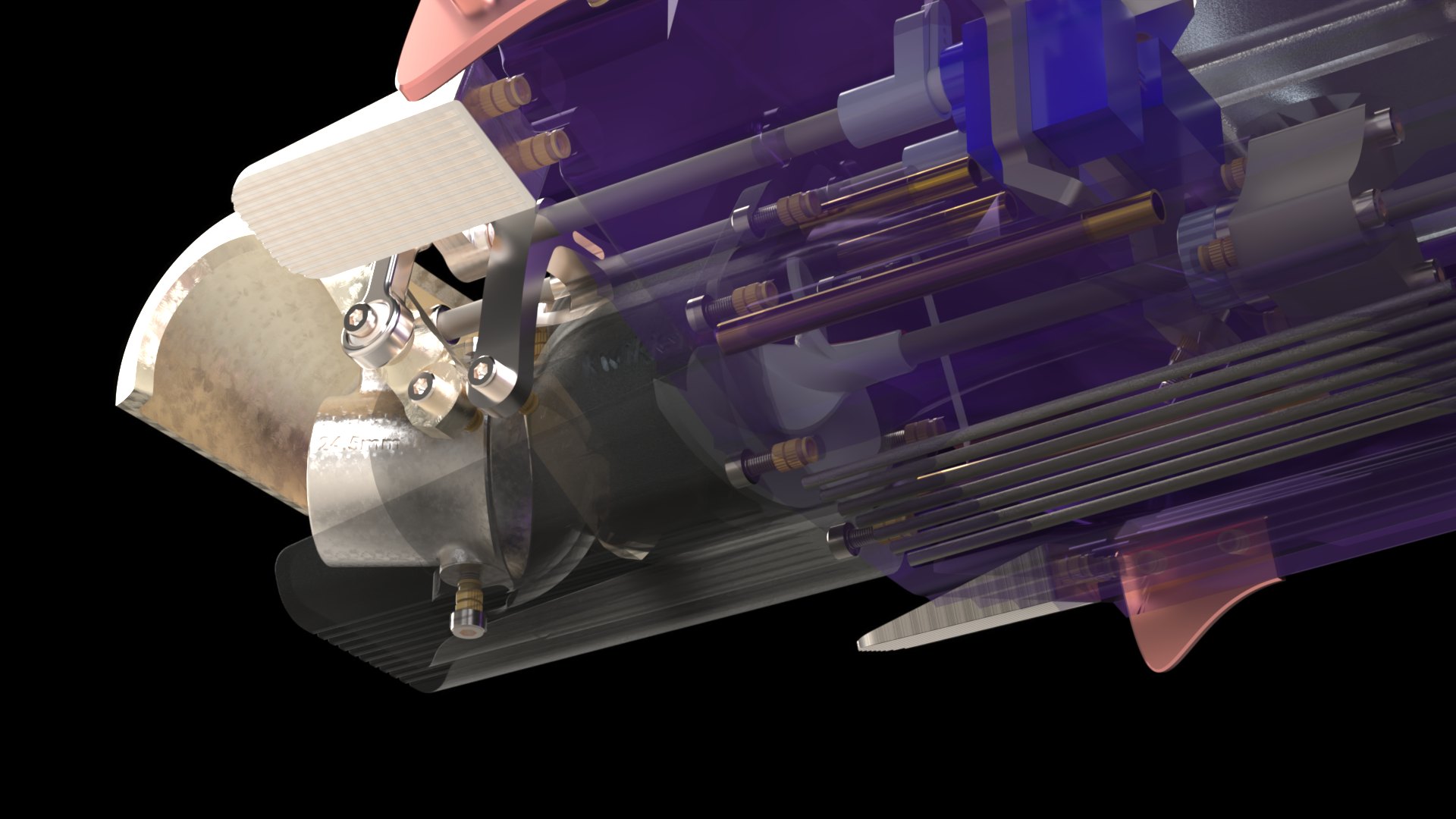 The 40 mm pump shown translucent — intake, impeller, stator and the 24.5 mm steering nozzle in one assembly.