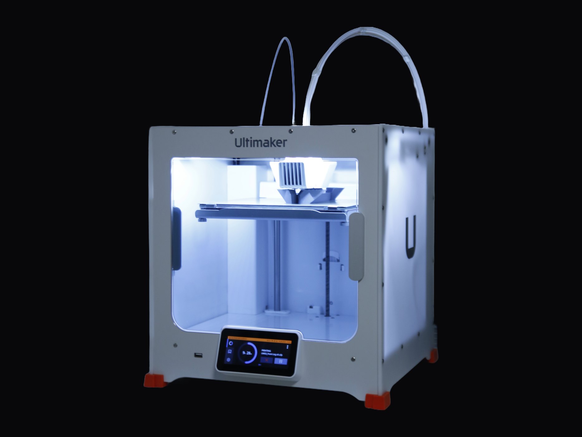 UltiMaker S3 mid-print, front three-quarter view